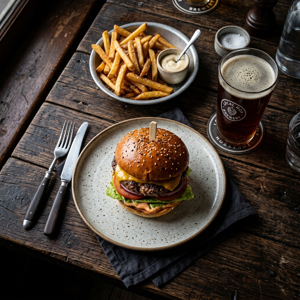 O Clássico BurgerCraft — hambúrguer artesanal com batata frita e cerveja artesanal